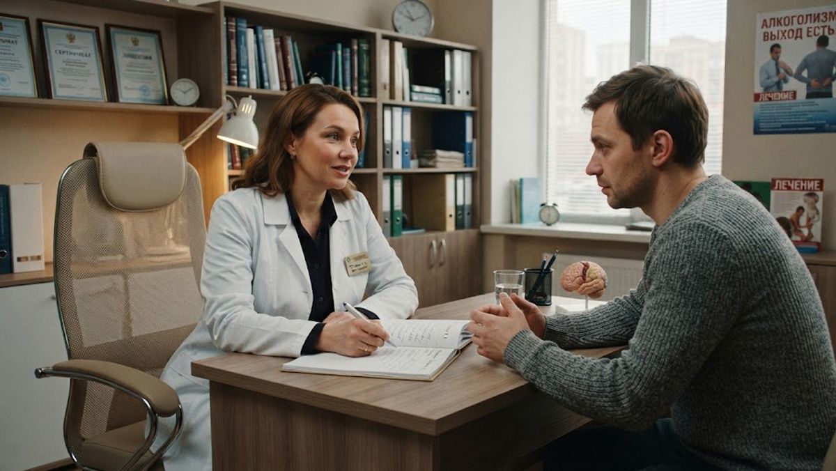 Врач-нарколог проводит доверительную консультацию с пациентом в современном кабинете клиники.