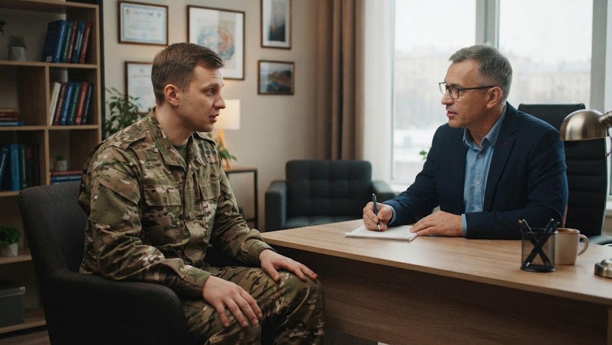 Психиатр проводит консультацию для военнослужащего в современном кабинете.